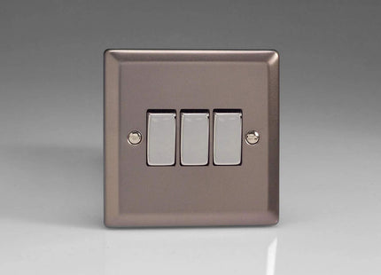 Varilight 3-Gang 10A 1- or 2-Way Rocker Light Switch with Metal Rockers Pewter XR3D