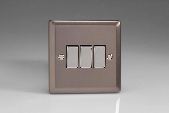 Varilight 3-Gang 10A 1- or 2-Way Rocker Light Switch with Metal Rockers Pewter XR3D