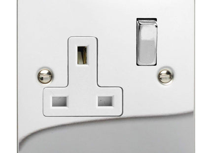 Varilight Ultra Flat Plate Polished Chrome White & Metal Inserts 1-Gang 13Amp Plug Socket XFC4DW