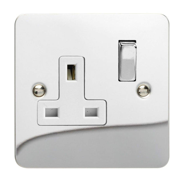 Varilight Ultra Flat Plate Polished Chrome White & Metal Inserts 1-Gang 13Amp Plug Socket XFC4DW