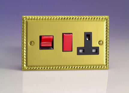 Varilight Classic Georgian Brass 45amp Cooker Switch & 13amp Plug Socket Black Insert XG45PB