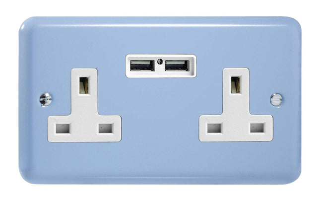 Varilight 2-Gang 13A Unswitched Plug Socket + 2 5V DC 2100mA USB Charging Ports Duck Egg Blue XY5U2W.DB