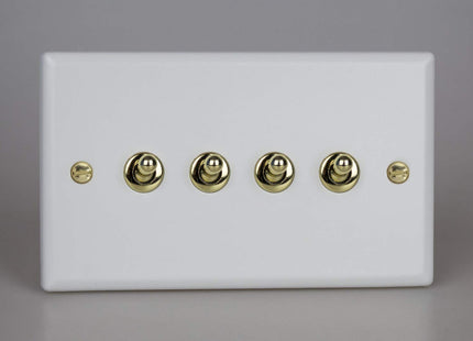 Varilight Vogue Collection Matt White 4 Gang 1 or 2-Way 10 Amp Toggle Switch with Brass Toggle