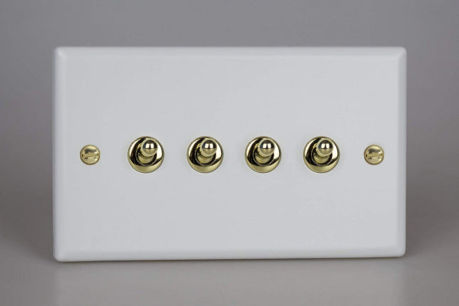 Varilight Vogue Collection Matt White 4 Gang 1 or 2-Way 10 Amp Toggle Switch with Brass Toggle