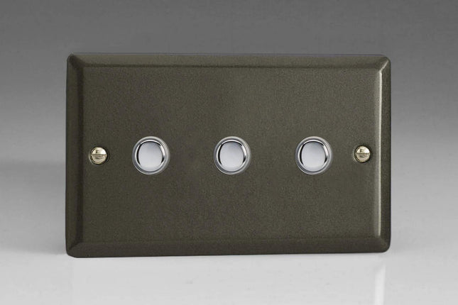 Varilight Classic Graphite, 3 Gang (Triple) 1 or 2 way 6 Amp Push-on Push-off Switch (impulse) with Polished Chrome Switch Buttons
