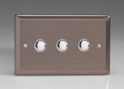 Varilight 3-Gang 6A 1- or 2-Way Push-On/Off Impulse Switch (Twin Plate) Pewter XRP3