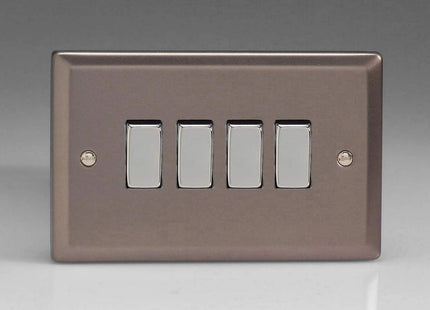 Varilight 4-Gang 10A 1- or 2-Way Rocker Light Switch (Twin Plate) with Metal Rockers Pewter XR9D