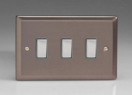 Varilight 3-Gang 10A 1- or 2-Way Rocker Light Switch (Twin Plate) with Metal Rockers Pewter XR93D