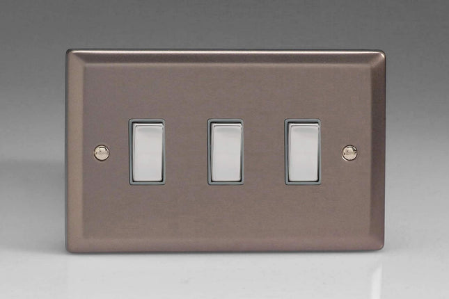 Varilight 3-Gang 10A 1- or 2-Way Rocker Light Switch (Twin Plate) with Metal Rockers Pewter XR93D