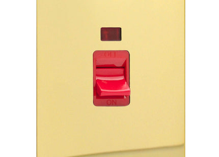 Varilight 45A Cooker Switch + Neon (Vertical Twin Plate, Red Rocker) Polished Brass XFV45N