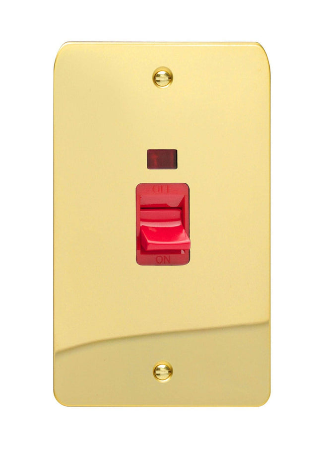 Varilight 45A Cooker Switch + Neon (Vertical Twin Plate, Red Rocker) Polished Brass XFV45N
