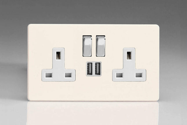 Varilight XDY5U2SWS.PD Screwless Primed 2-Gang Double 13A Switched Plug Socket 2.1A USB
