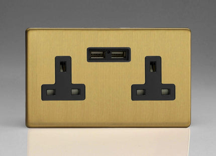 Varilight XDB5U2BS Varilight 2-Gang, 13 Amp Unswitched Socket with 2 Optimised USB Charging Ports, Black Insert. Dimension Screwless Brushed Brass Effect