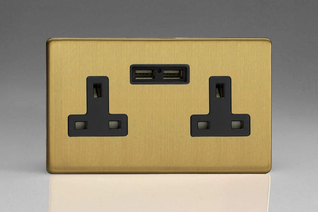 Varilight XDB5U2BS Varilight 2-Gang, 13 Amp Unswitched Socket with 2 Optimised USB Charging Ports, Black Insert. Dimension Screwless Brushed Brass Effect