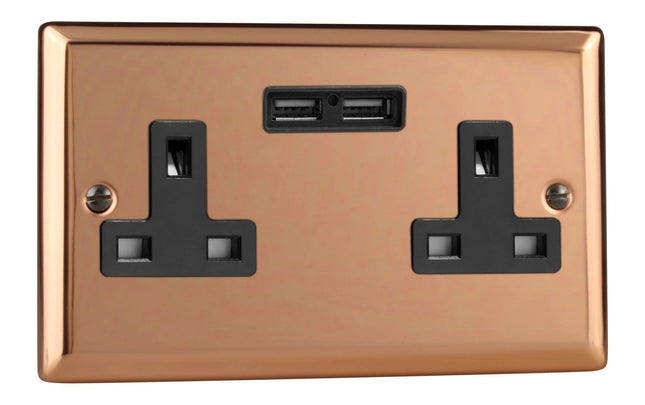 Varilight XY5U2B.CU Socket 2-Gang & USB 2.1A Polished Copper (Black Inserts)