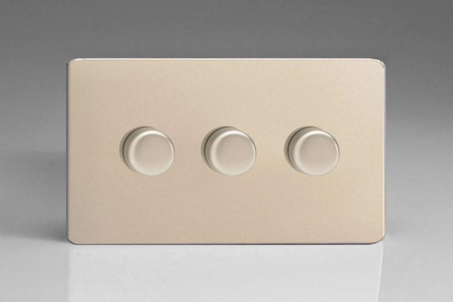 Varilight V-Pro Screwless Satin Chrome 3 Gang LED Trailiing Edge Dimmer Switch 1 or 2 Way