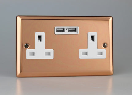 Varilight Classic Polished Copper 2-Gang 13 Amp Unswitched Socket + 2 x 5V DC 2100mA USB Charging Ports