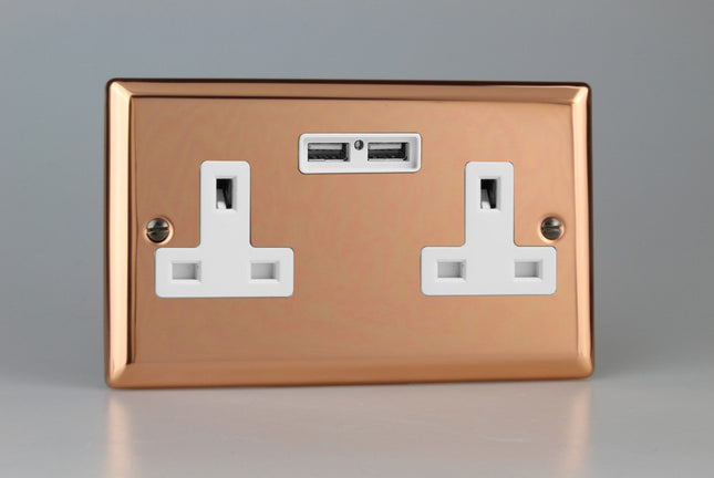Varilight Classic Polished Copper 2-Gang 13 Amp Unswitched Socket + 2 x 5V DC 2100mA USB Charging Ports
