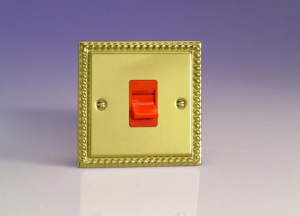 Varilight 45A Cooker Switch (Single Plate, Red Rocker) Georgian Brass XG45SS