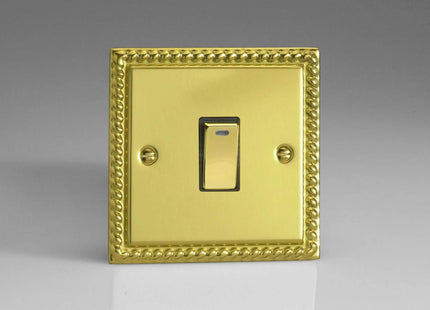 Varilight 1-Gang 20A Double Pole Rocker Light Switch + Neon Indicator Light with Metal Rockers Georgian Brass XG20ND
