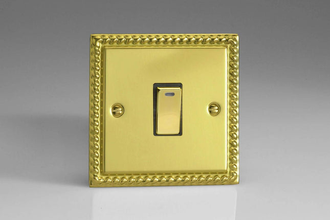 Varilight 1-Gang 20A Double Pole Rocker Light Switch + Neon Indicator Light with Metal Rockers Georgian Brass XG20ND