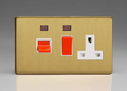 Varilight Flat Plate Screwless Brushed Brass 45A Cooker Switch & 13A Plug Socket With Neon White Insert XDB45PNWS