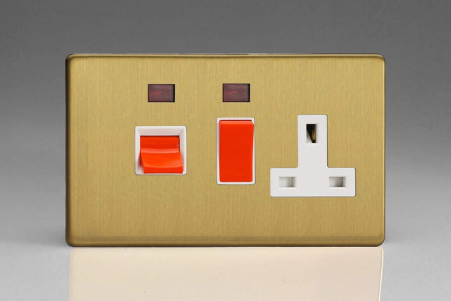 Varilight Flat Plate Screwless Brushed Brass 45A Cooker Switch & 13A Plug Socket With Neon White Insert XDB45PNWS