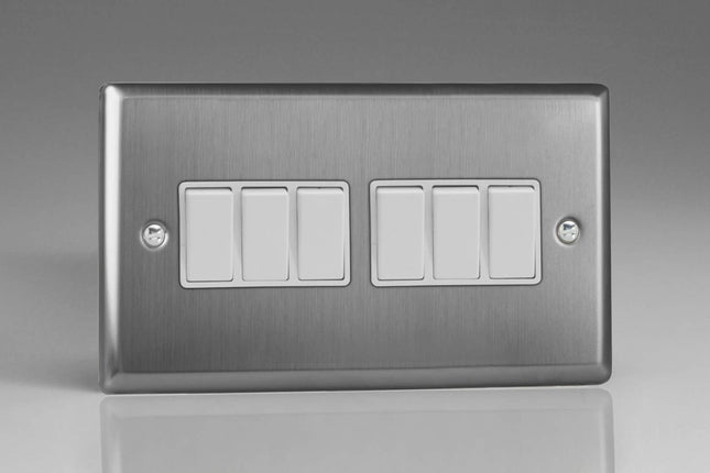 Varilight XT96W Classic Brushed Steel 6 Gang 10A 1 or 2 Way Rocker Light Switch