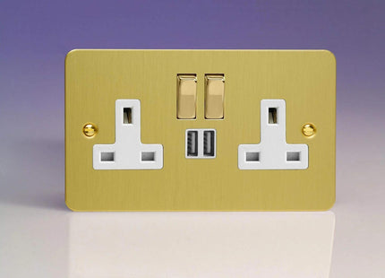 Varilight 2-Gang 13A Single Pole Switched Socket with Metal Rockers + 2x5V DC 2100mA USB Charging Ports