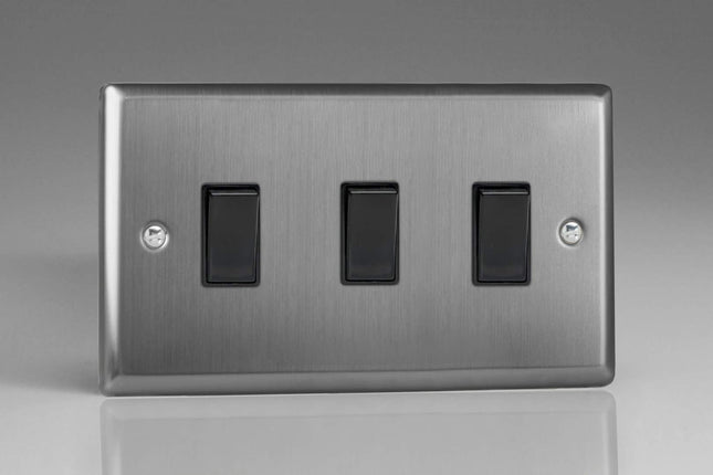 Varilight XT93B Rocker Switches 3 Gang Brushed Steel Black