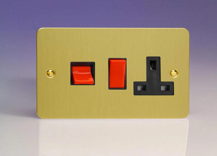 Varilight Ultra Flat Plate Brushed Brass 45A Cooker Switch & 13A Plug Socket Black Insert XFB45PB