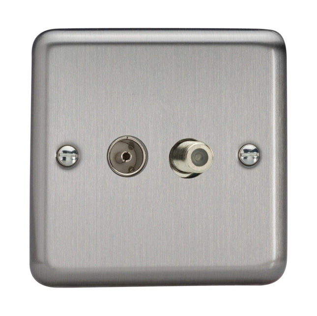 Varilight 2-Gang TV Plug Socket, Co-axial + F-Type Satellite Matt Chrome XS88S