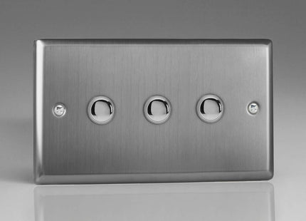 Varilight XTM3 Classic Brushed Steel 3 Gang 6A 1 or 2 Way Push-On/Off Impulse Switch