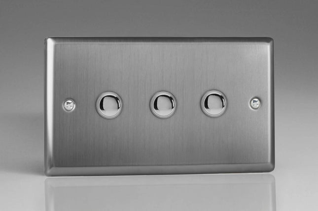 Varilight XTP3 Classic Brushed Steel 3 Gang 6A 1 or 2 Way Push-On/Off Impulse Switch