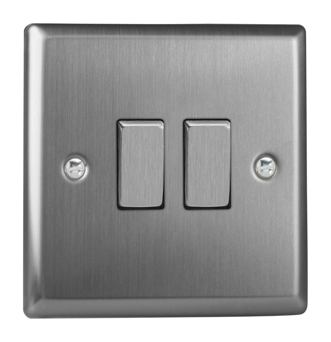 Varilight XT71D Classic Brushed Steel 2-Gang 10A Rocker Light Switch (1 x Intermediate 1 x 2W)