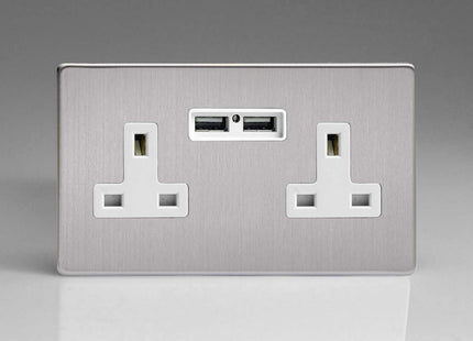 Varilight 2-Gang, 13 Amp Unswitched Socket with 2 Optimised USB Charging Ports, White Insert. Dimension Screwless Brushed Steel