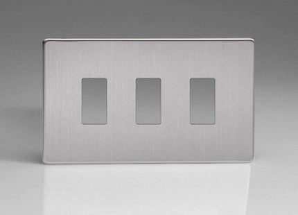 Varilight 3 Gang Screwless PowerGrid Plate Including Yoke (Twin Plate) in Brushed Steel