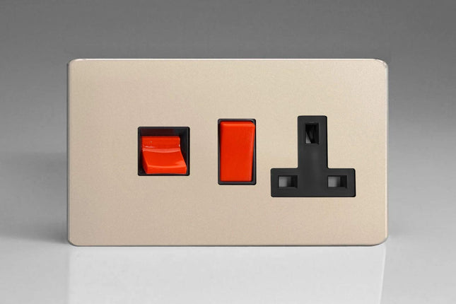 Varilight 45A Cooker Panel with 13A Double Pole Switched Plug Socket Outlet (Red Rocker) Satin Chrome XDN45PBS