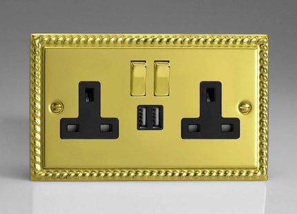 Varilight Classic Georgian Brass 2-Gang 13 Amp Socket + 2x USB Charging Port Black Inserts & Decorative Switches
