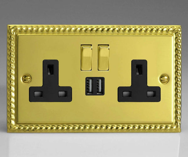 Varilight Classic Georgian Brass 2-Gang 13 Amp Socket + 2x USB Charging Port Black Inserts & Decorative Switches