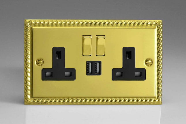 Varilight Classic Georgian Brass 2-Gang 13 Amp Socket + 2x USB Charging Port Black Inserts & Decorative Switches
