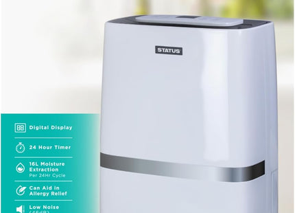 STATUS 16L Dehumidifier, Ultra-Quiet 230W Portable Moisture Remover with Night Mode, Clothes-Dry Boost and Smart LED Control for Bedroom Bathroom Laundry, White