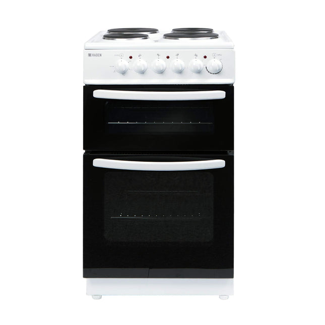 Haden HEST50W Electric Cooker Freestanding 52 Litre Oven with 4 Plate Solid Plate Rings Twin Cavity Electric Cooker 50cm, White CF39