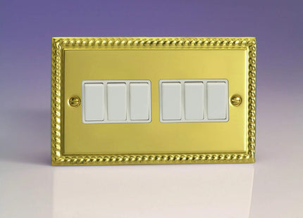 Varilight 6-Gang 10A 1- or 2-Way Rocker Light Switch (Twin Plate) Georgian Brass XG96W