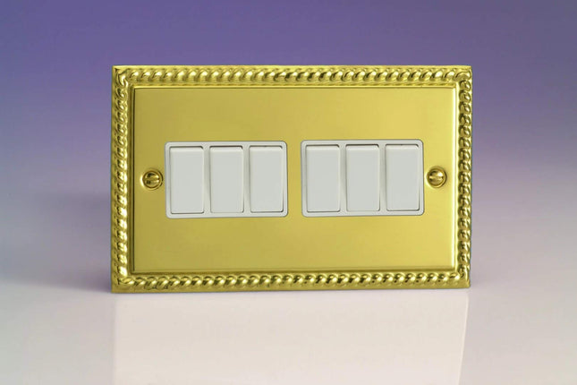 Varilight 6-Gang 10A 1- or 2-Way Rocker Light Switch (Twin Plate) Georgian Brass XG96W