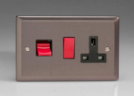 Varilight Classic Pewter 45 Amp Cooker Switch & 13 Amp Switched Plug Socket Black Inserts XR45PB