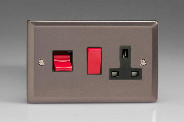 Varilight Classic Pewter 45 Amp Cooker Switch & 13 Amp Switched Plug Socket Black Inserts XR45PB