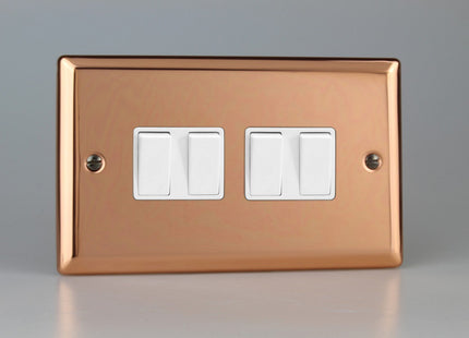 Varilight Classic Polished Copper 4 Gang 2 Way 10 Amp Light Rocker Switch with White Inserts