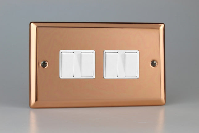 Varilight Classic Polished Copper 4 Gang 2 Way 10 Amp Light Rocker Switch with White Inserts