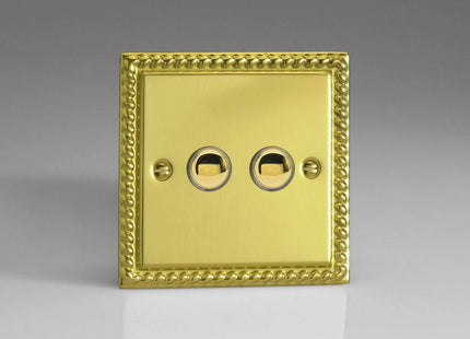 Varilight Classic Georgian Brass Effect, 2-Gang (Double) 1 or 2 way 6 Amp Push-on Push-off Switch (impulse) with Polished Brass Effect Switch Button